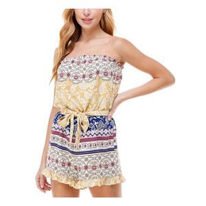 KINGSTON GREY Womens Romper Yellow Stretch Tie Sleeveless Strapless Juniors L